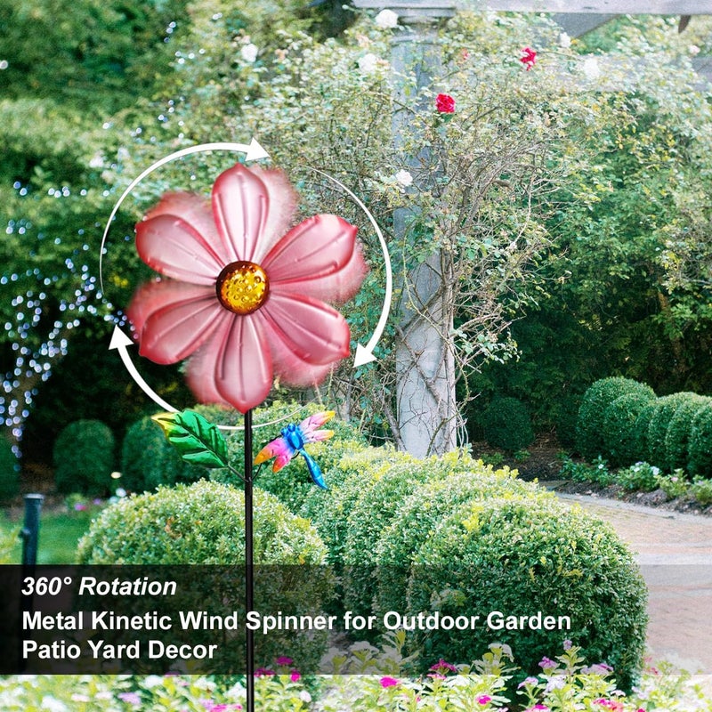 Senflame Metal Outdoor Flower Wind Spinner with Pink Floral & Gold Dragonfly, Decorative Kinetic Wind Sculpture for Yard, Garden, Patio, Lawn - Vibran Garden Art & Lawn Ornament for Outdoor Decor - Image 4